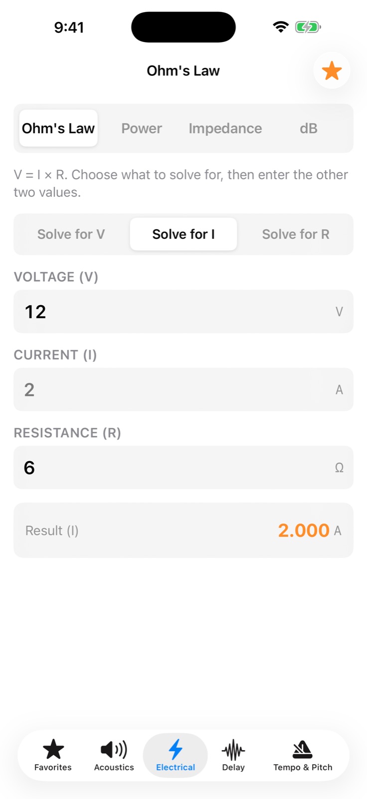 Ohm's law calculator screen